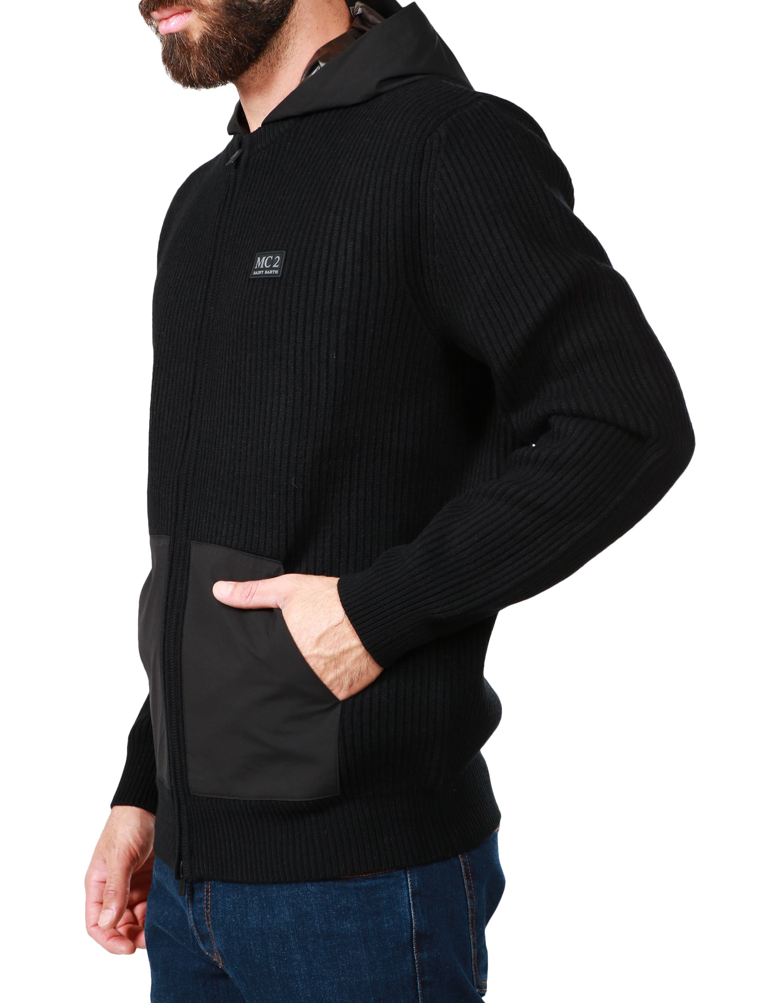 MAGLIONE UOMO MC 2 SAINT BARTH NERO CON CAPPUCCIO, ZIP E TASCHE ANTERIORI A MARSUPIO IN LANA MERINO