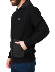 MAGLIONE UOMO MC 2 SAINT BARTH NERO CON CAPPUCCIO, ZIP E TASCHE ANTERIORI A MARSUPIO IN LANA MERINO