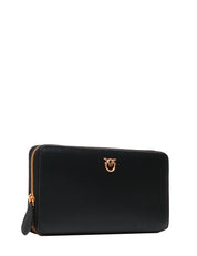 PORTAFOGLI DONNA PINKO NERO RETTANGOLARE IN PELLE CON ZIP-AROUND E PLACCHETTA LOVE BIRDS ORO