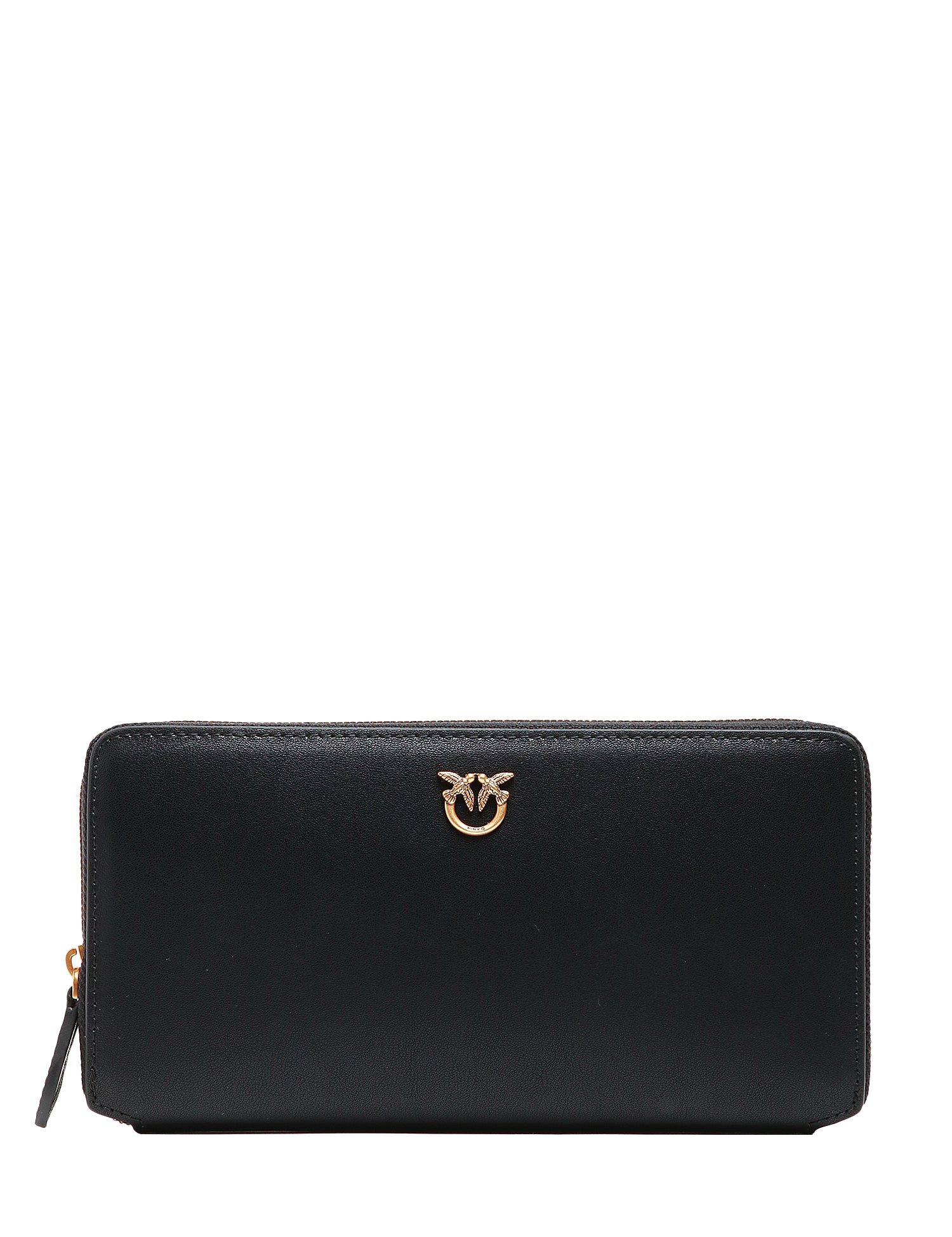 PORTAFOGLI DONNA PINKO NERO RETTANGOLARE IN PELLE CON ZIP-AROUND E PLACCHETTA LOVE BIRDS ORO
