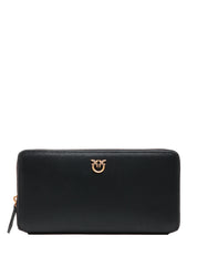 PORTAFOGLI DONNA PINKO NERO RETTANGOLARE IN PELLE CON ZIP-AROUND E PLACCHETTA LOVE BIRDS ORO