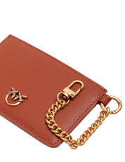 PORTA CARTE DI CREDITO PINKO CUOIO CON CATENELLA E PLACCHETA LOGO LOVE BIRDS ORO