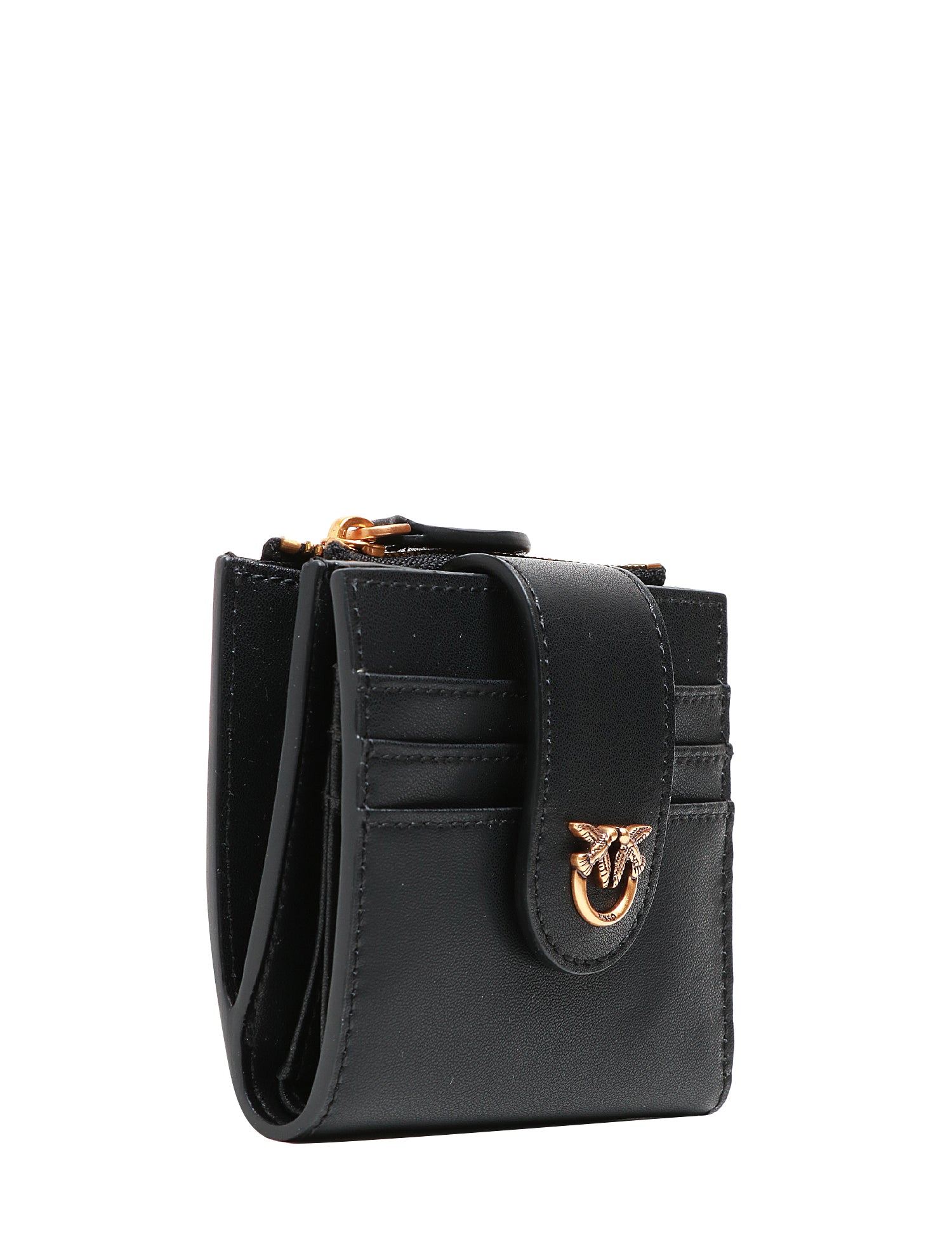 PORTAFOGLI DONNA PINKO NERO IN PELLE CON PICCOLA ZIP E PLACCHETTA LOVE BIRDS IN METALLO DORATO