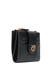 PORTAFOGLI DONNA PINKO NERO IN PELLE CON PICCOLA ZIP E PLACCHETTA LOVE BIRDS IN METALLO DORATO