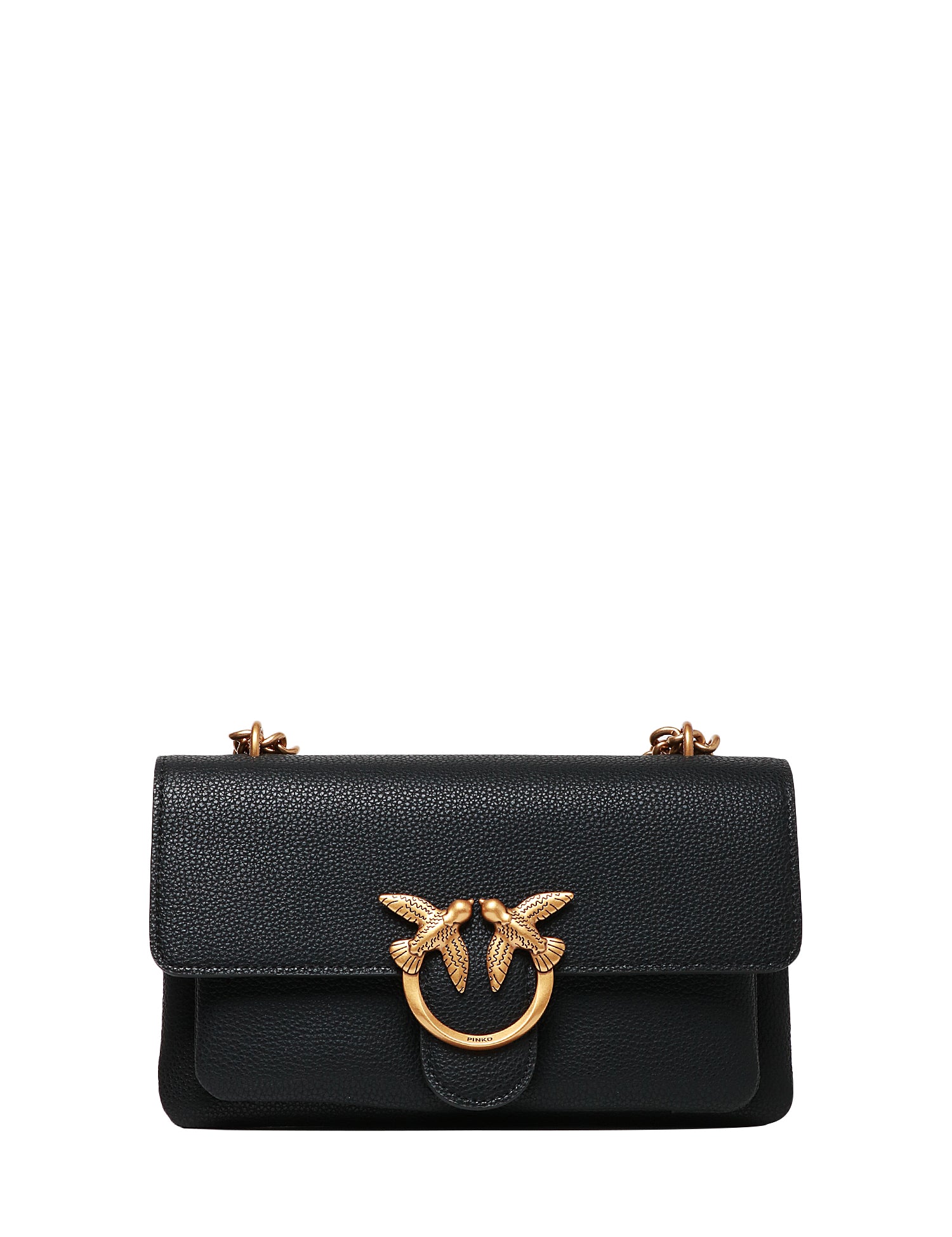 BORSA PINKO LOVE ONE SOFT MINI NERA IN PELLE MARTELLATA CON FIBBIA LOVE BIRDS ORO E DOPPIO INTERNO