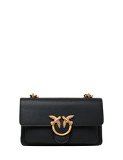 BORSA PINKO LOVE ONE SOFT MINI NERA IN PELLE MARTELLATA CON FIBBIA LOVE BIRDS ORO E DOPPIO INTERNO