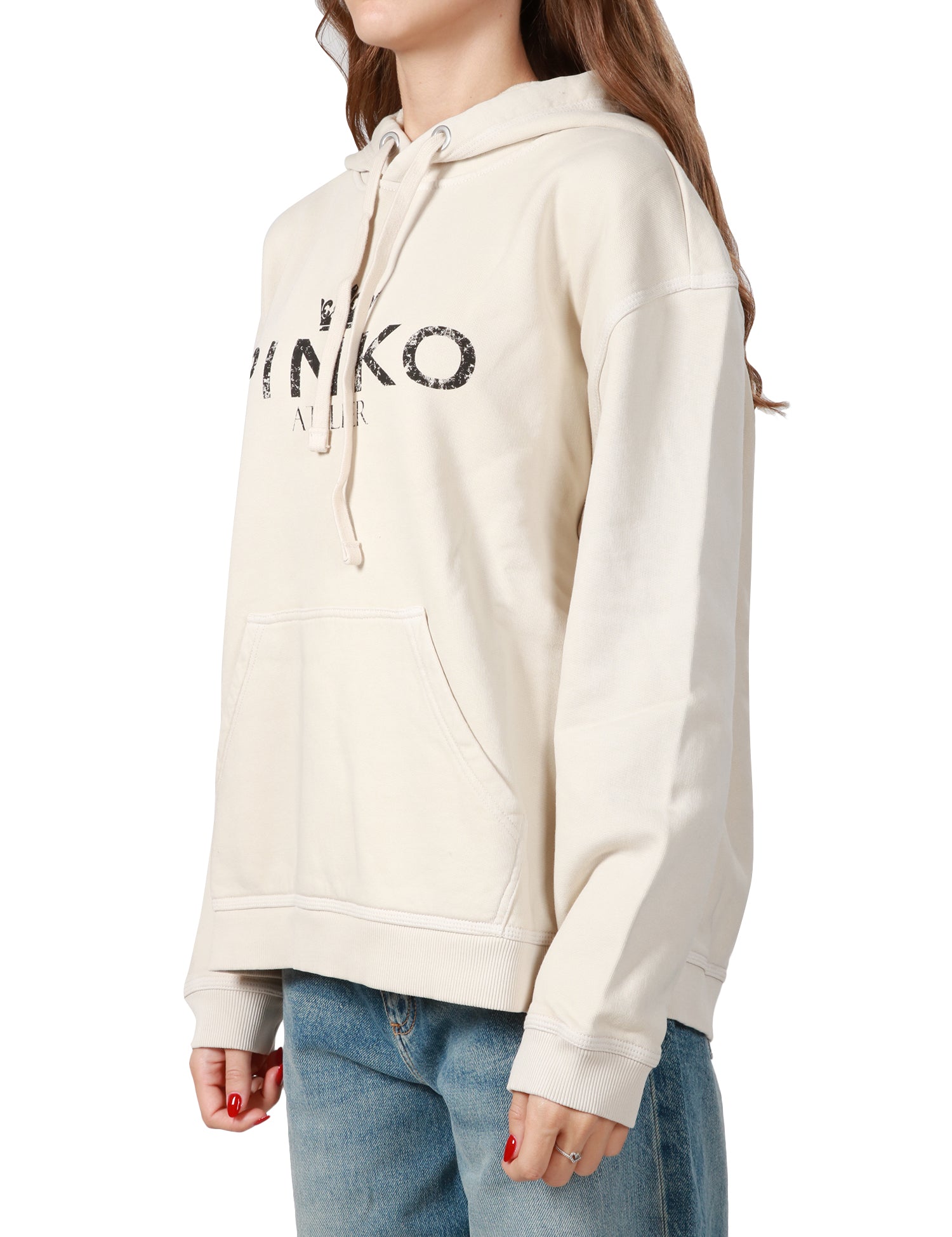 FELPA DONNA PINKO BEIGE CON TASCA A MARSUPIO, CAPPUCCIO E STAMPA PINKO ATELIER SUL DAVANTI LEGGERMENTE OVERSIZE