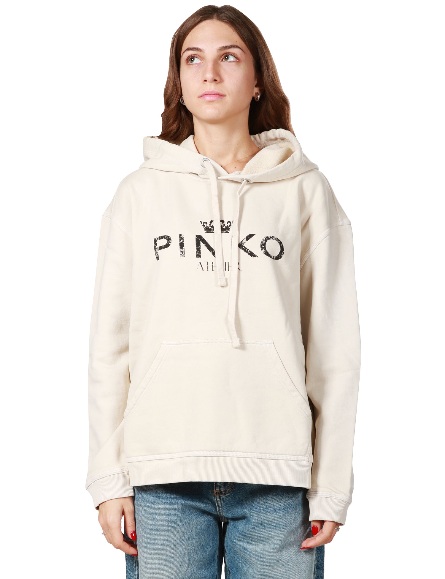 FELPA DONNA PINKO BEIGE CON TASCA A MARSUPIO, CAPPUCCIO E STAMPA PINKO ATELIER SUL DAVANTI LEGGERMENTE OVERSIZE