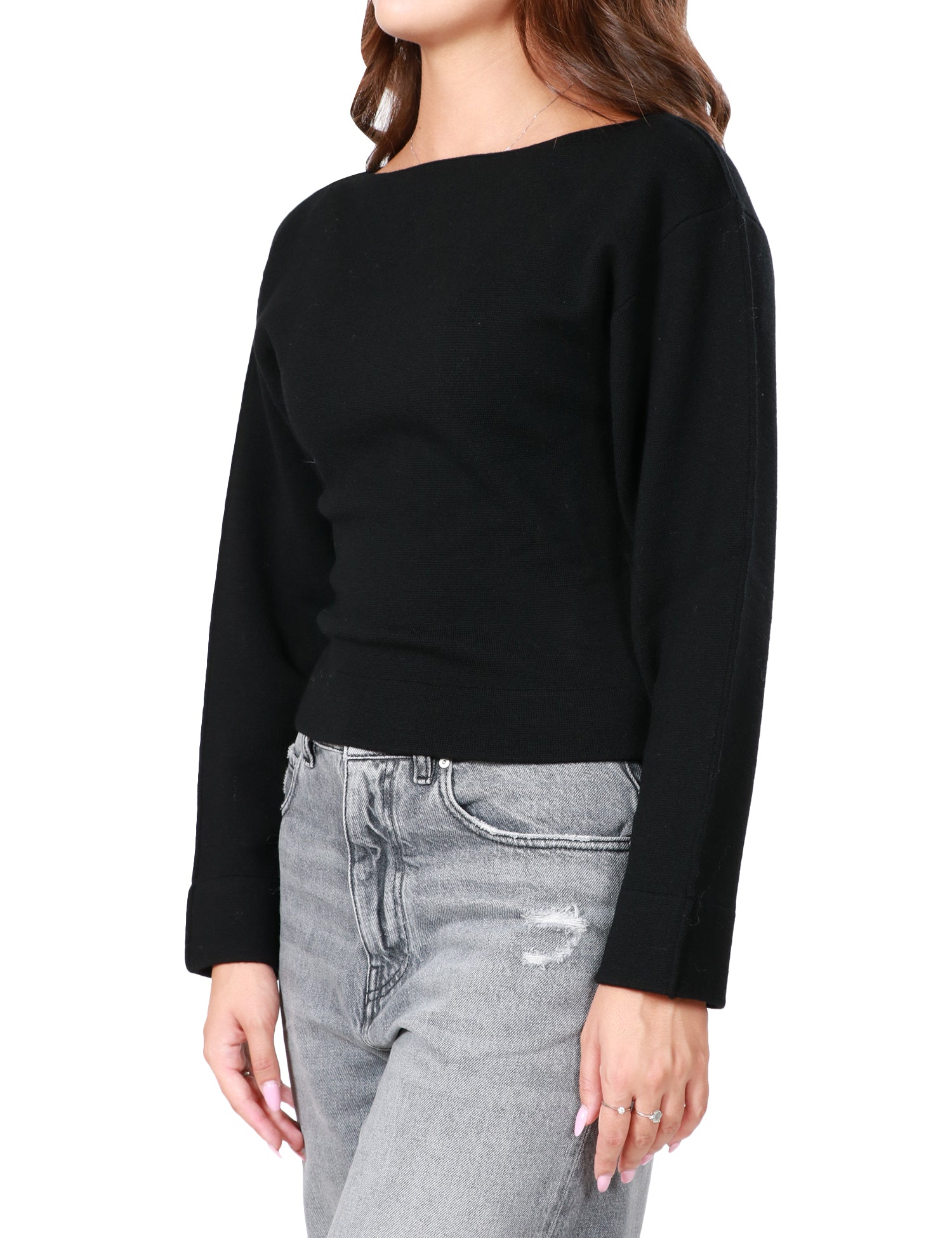 PINKO MAGLIA DONNA PINKO NERA A MANICA LUNGA LEGGERMENTE A PIPISTRELLO CON  SCOLLO AMPIO E DRITTO IN TESSUTO MISTO LANA CHIARIFICAZIONE | bluejoy_it