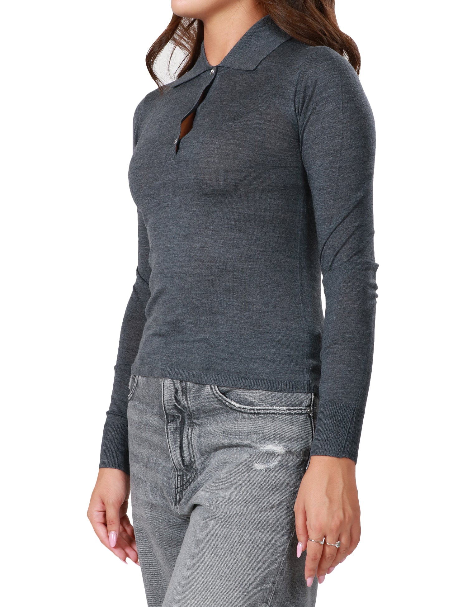 MAGLIA POLO DONNA PINKO GRIGIO CHIARO A MANICA LUNGA CON 3 BOTTONCINI IN MAGLIA EXTRAFINE