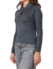 MAGLIA POLO DONNA PINKO GRIGIO CHIARO A MANICA LUNGA CON 3 BOTTONCINI IN MAGLIA EXTRAFINE