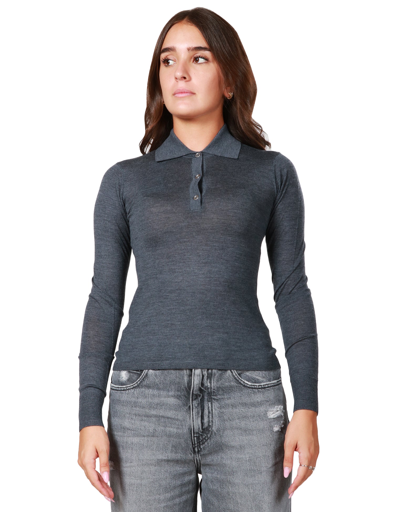MAGLIA POLO DONNA PINKO GRIGIO CHIARO A MANICA LUNGA CON 3 BOTTONCINI IN MAGLIA EXTRAFINE