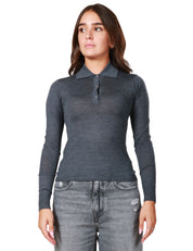 MAGLIA POLO DONNA PINKO GRIGIO CHIARO A MANICA LUNGA CON 3 BOTTONCINI IN MAGLIA EXTRAFINE