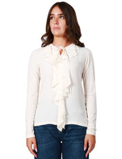 CAMICIA DONNA SEVENTY PANNA A MANICA LUNGA CON SCOLLO TONDO CON LACCETTO E ROUGES IN JERSEY E CRèPE FLUIDO