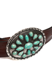 CINTURA ALBERTO LUTI MARRONE 100% PELLE CON PLACCA ARGENTATA E PIETRE TURCHESI