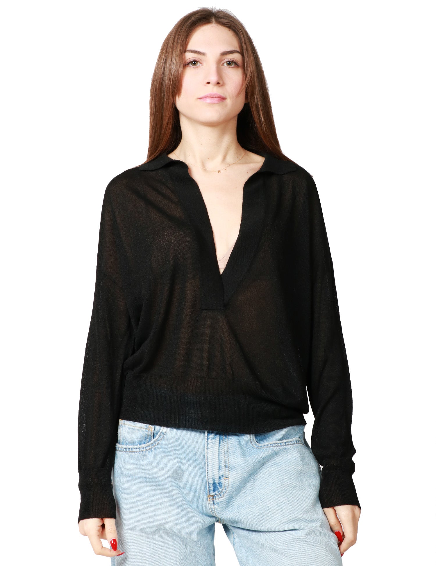 POLO DONNA ALPHA STUDIO NERA A MANICA LUNGA CON SCOLLO A V SENZA BOTTONI