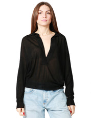POLO DONNA ALPHA STUDIO NERA A MANICA LUNGA CON SCOLLO A V SENZA BOTTONI
