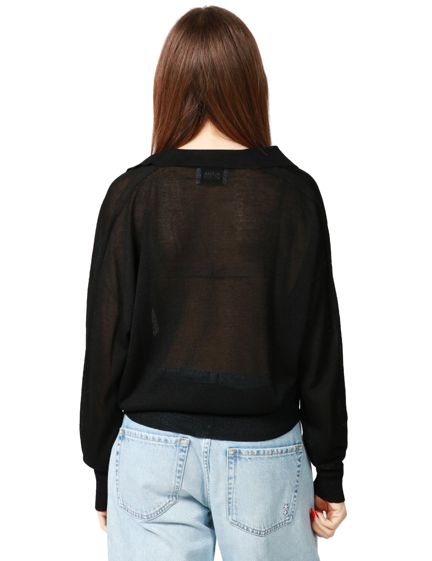 POLO DONNA ALPHA STUDIO NERA A MANICA LUNGA CON SCOLLO A V SENZA BOTTONI