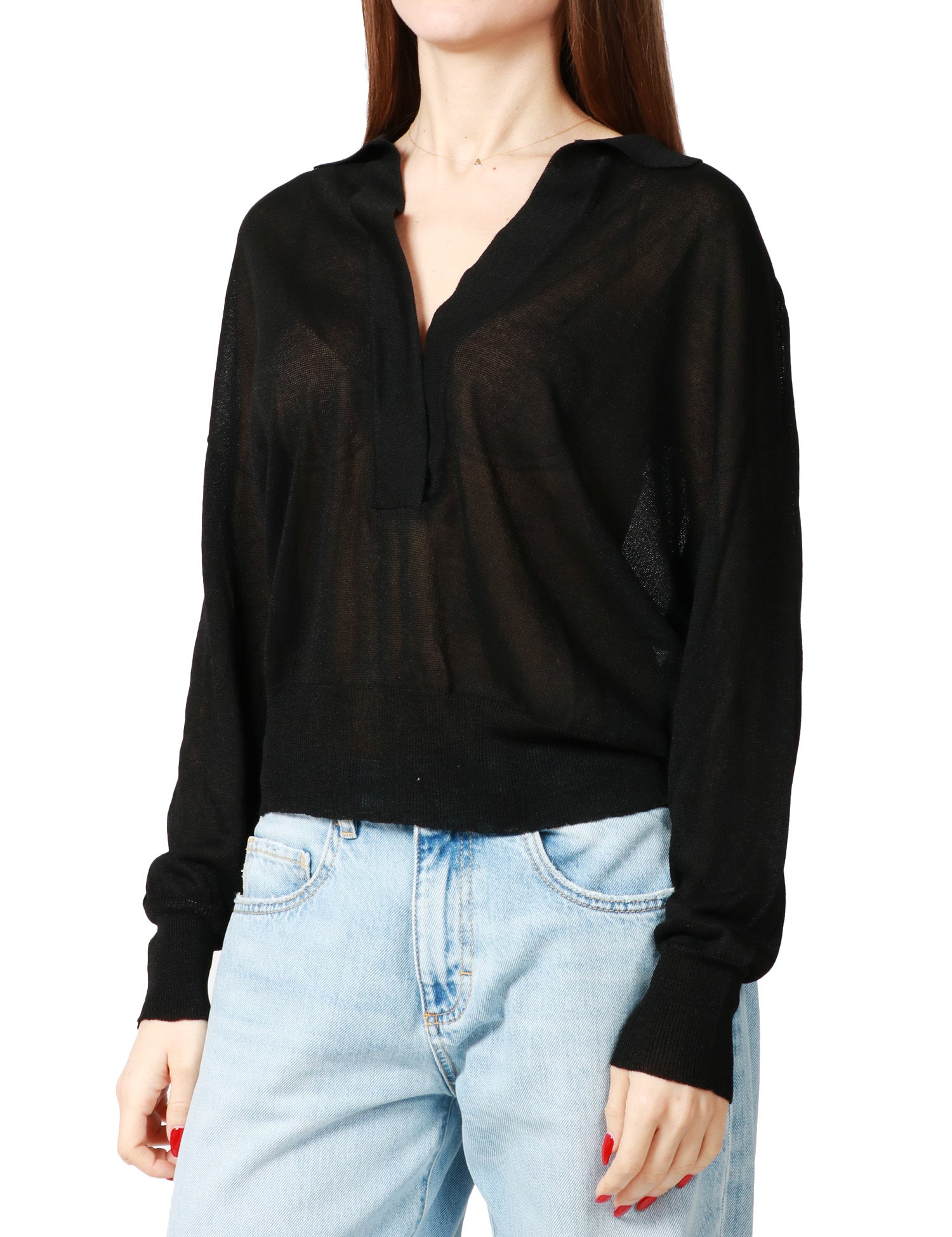 POLO DONNA ALPHA STUDIO NERA A MANICA LUNGA CON SCOLLO A V SENZA BOTTONI