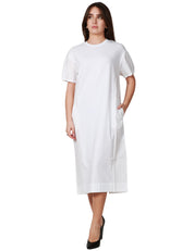 ABITO MIDI DONNA ALPHA STUDIO BIANCO CON MANICA CORTA ARRICCIATA IN JERSEY DI COTONE