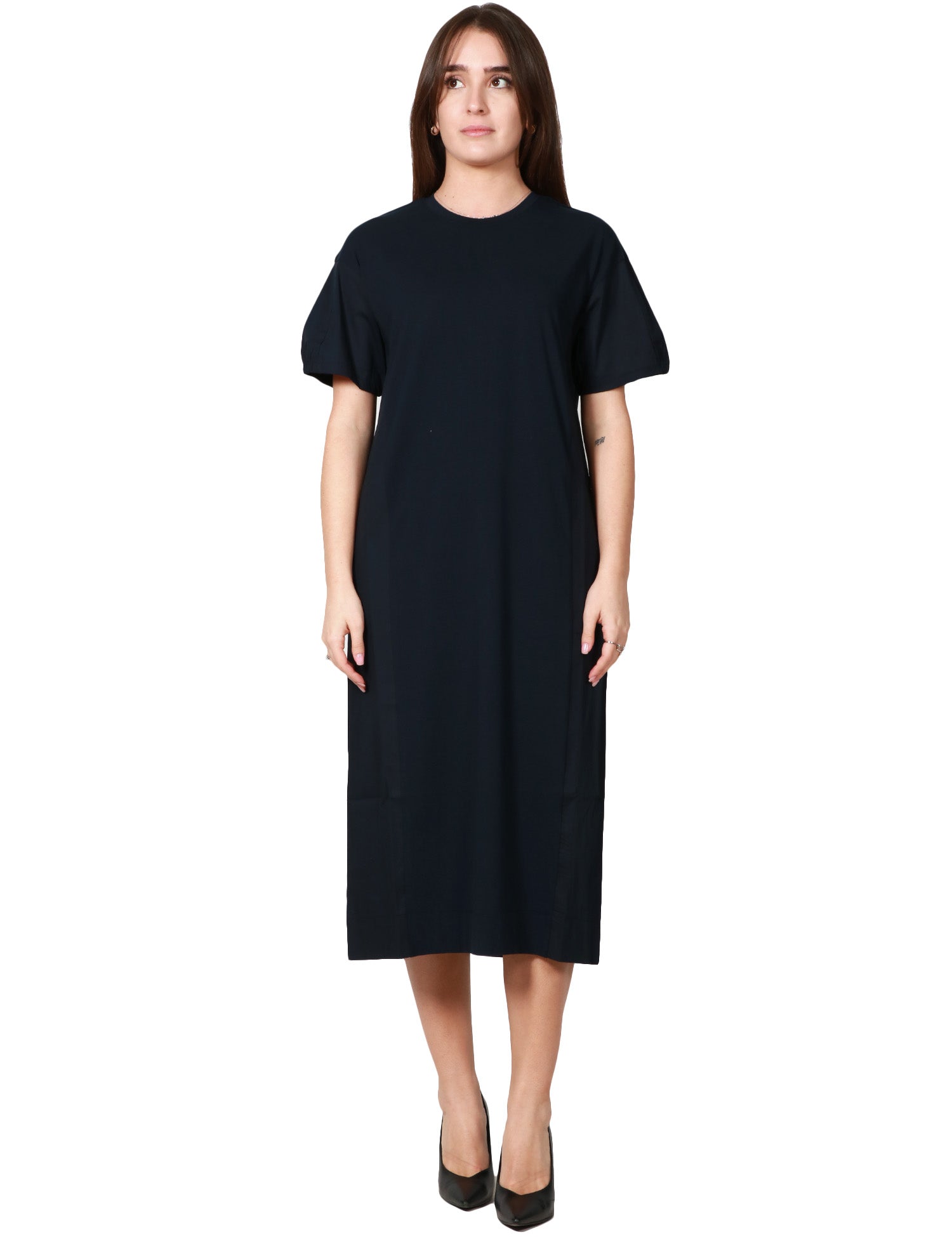 ABITO MIDI DONNA ALPHA STUDIO BLU NOTTE CON MANICA CORTA ARRICCIATA IN JERSEY DI COTONE