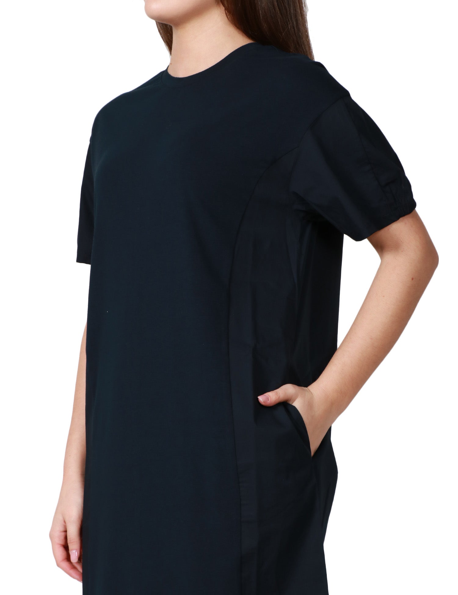 ABITO MIDI DONNA ALPHA STUDIO BLU NOTTE CON MANICA CORTA ARRICCIATA IN JERSEY DI COTONE