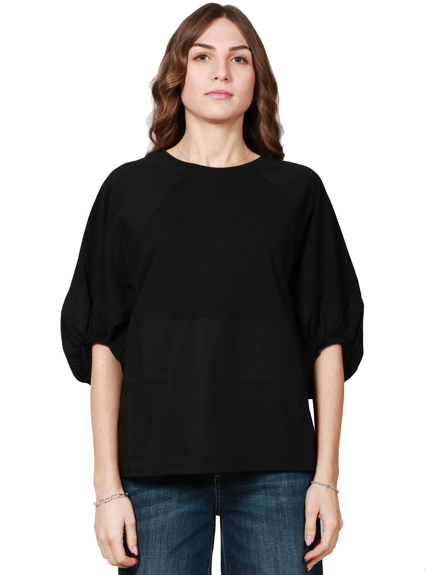MAGLIA DONNA ALPHA STUDIO NERA CON MANICA RAGLAN A SBUFFO IN POPELINE