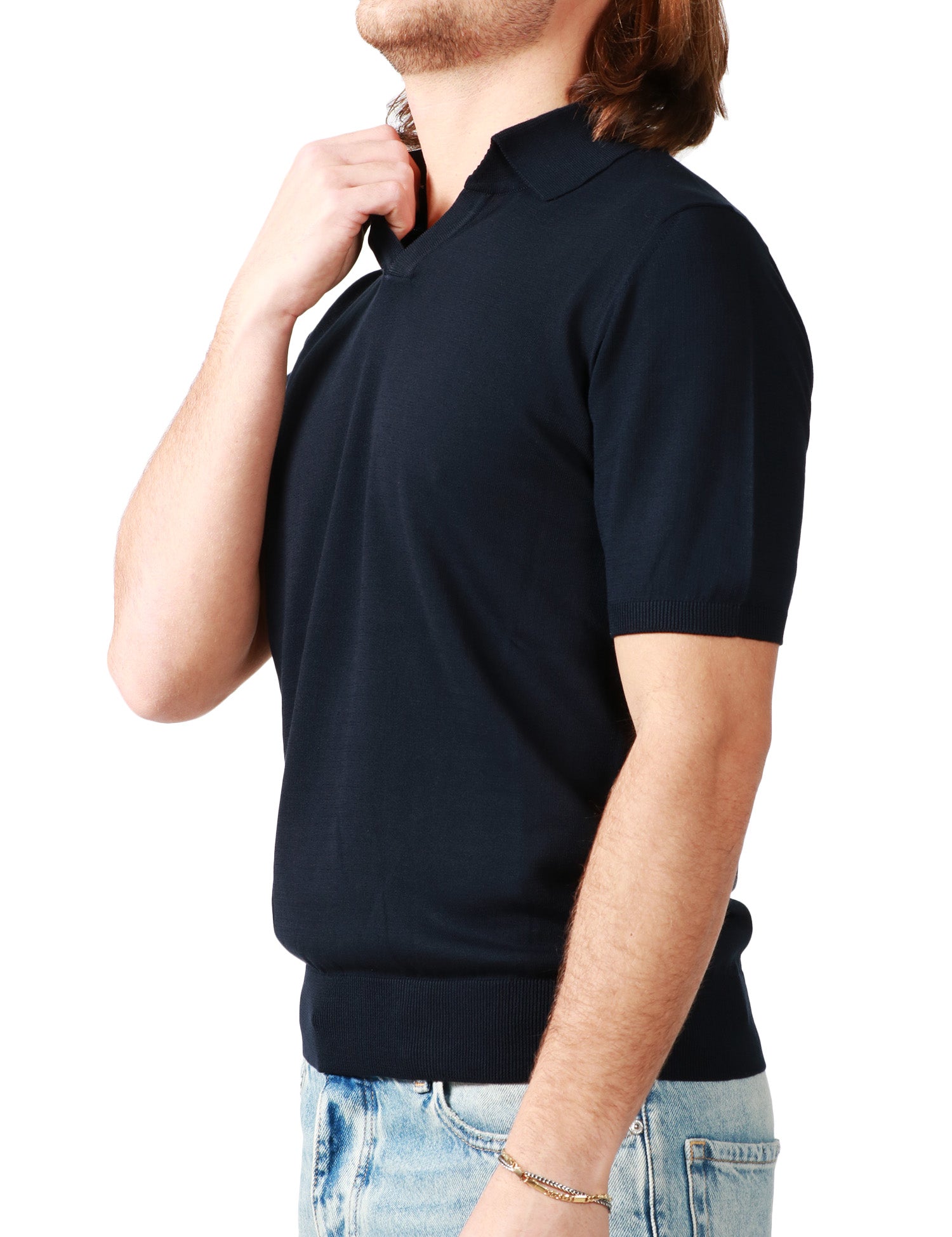 POLO UOMO ALPHA STUDIO BLU SCOLLO A V IN COTONE CREPE URBAN