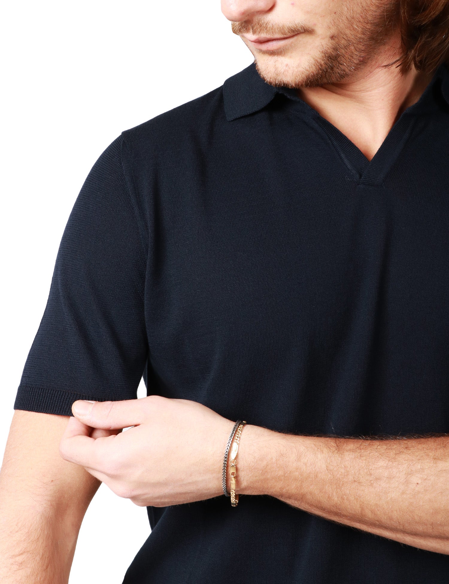 POLO UOMO ALPHA STUDIO BLU SCOLLO A V IN COTONE CREPE URBAN