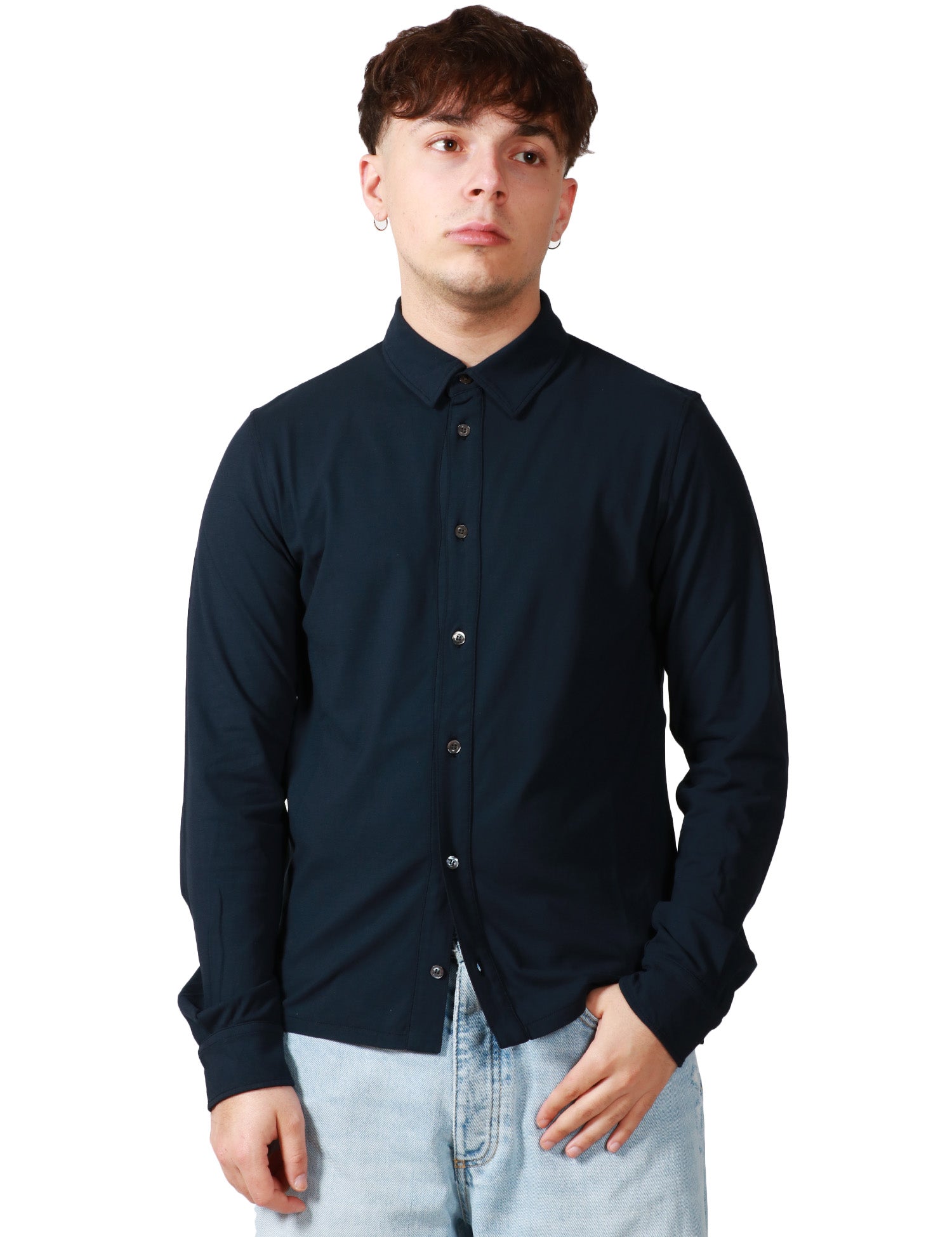 CAMICIA UOMO ALPHA STUDIO BLU NOTTE A MANICA LUNGA IN ICE COTTON