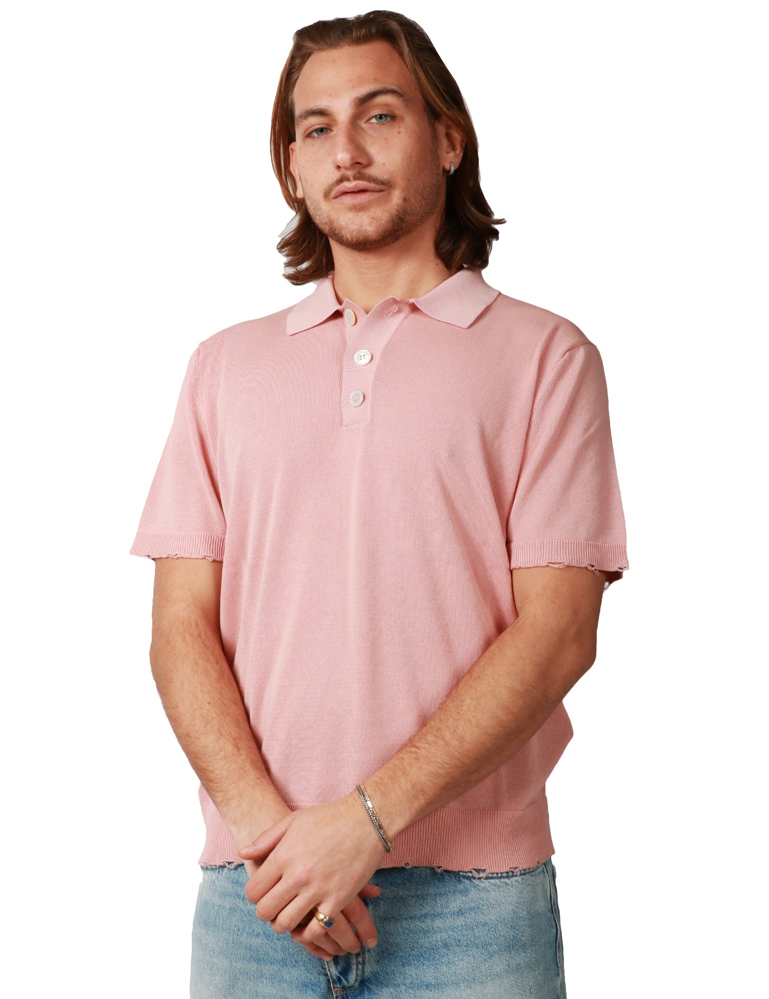 POLO UOMO AMARANTO ROSA A MEZZA MANICA CON BOTTONI E ROTTURE SUGLI ORLI