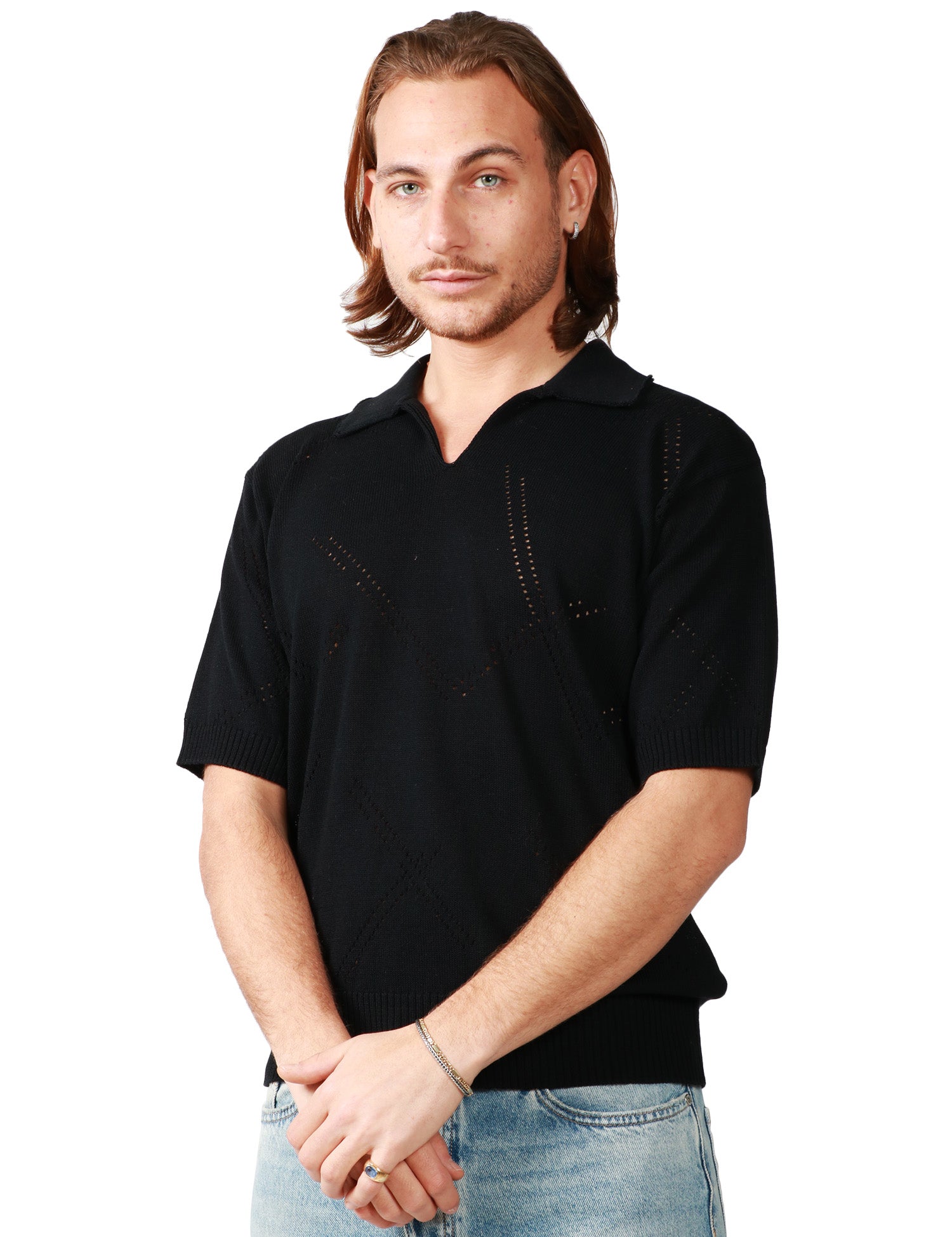 POLO UOMO ATOMOFACTORY NERA A MEZZA MANICA CON PUNTI PUNZONATI 100% COTONE