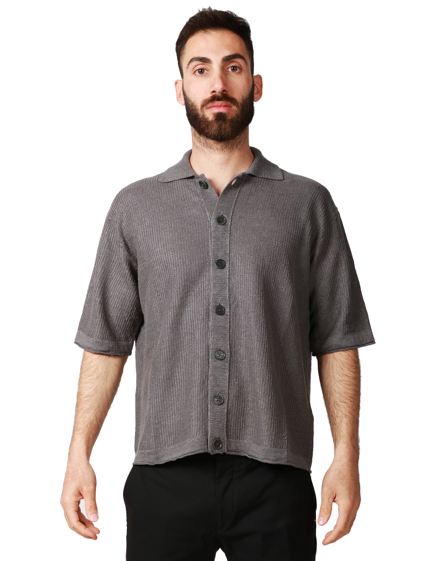 CAMICIA UOMO ATOMOFACTORY PIOMBO A MEZZA MANICA CON BOTTONI E TRAMA A COSTE 100% LINO