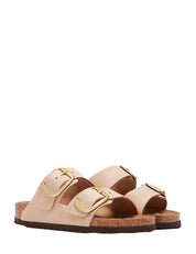 CIABATTA DONNA BIRKENSTOCK ARIZONA SANDCASTLE IN PELLE NABUK CON DOPPIA FIBBIA ORO E PLANTARE IN SUGHERO E LATTICE