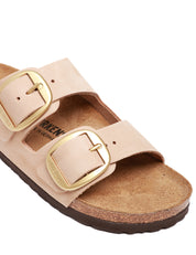 CIABATTA DONNA BIRKENSTOCK ARIZONA SANDCASTLE IN PELLE NABUK CON DOPPIA FIBBIA ORO E PLANTARE IN SUGHERO E LATTICE