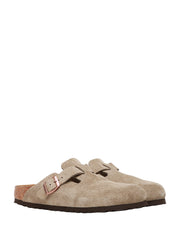 CIABATTA BIRKENSTOCK BOSTON TAUPE IN PELLE SCAMOSCIATA CON CINTURINO E PLANTARE IN SUGHERO