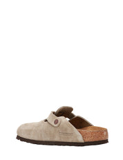 CIABATTA BIRKENSTOCK BOSTON TAUPE IN PELLE SCAMOSCIATA CON CINTURINO E PLANTARE IN SUGHERO