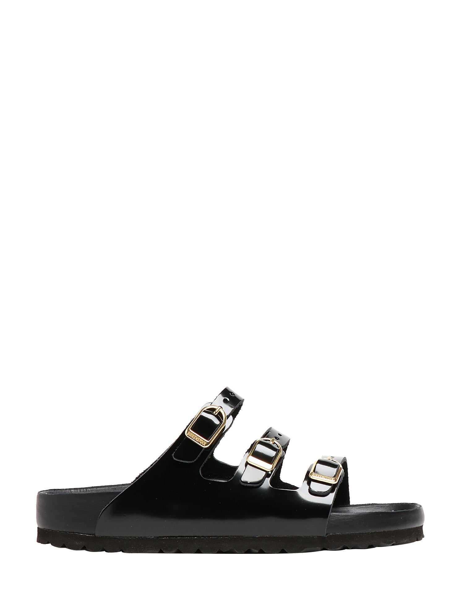 CIABATTA BIRKENSTOCK DONNA FLORIDA NERA IN PELLE NATURALE LACCATA CON TRE CINTURINI