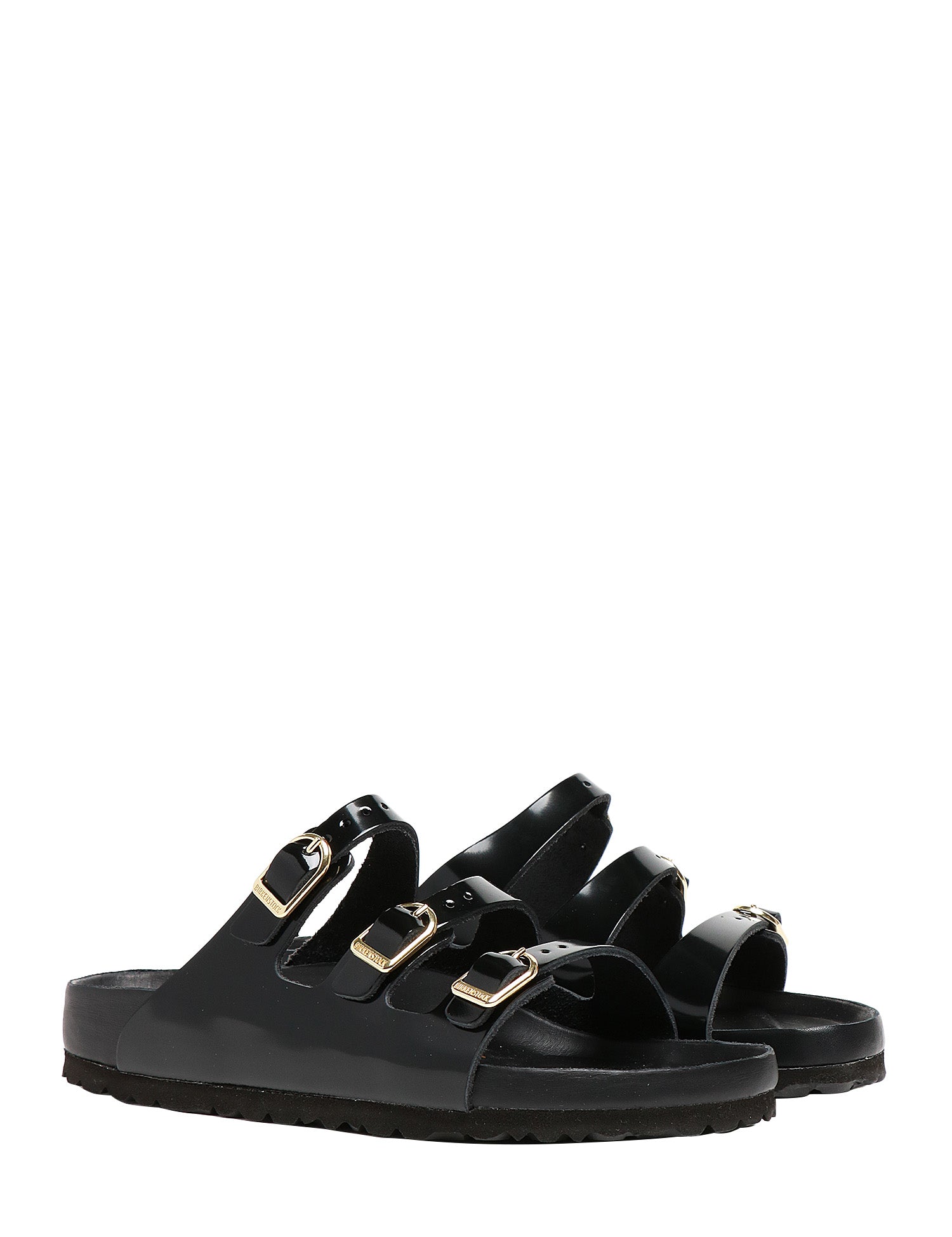 CIABATTA BIRKENSTOCK DONNA FLORIDA NERA IN PELLE NATURALE LACCATA CON TRE CINTURINI