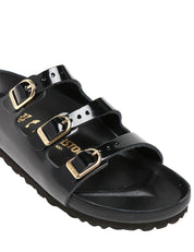 CIABATTA BIRKENSTOCK DONNA FLORIDA NERA IN PELLE NATURALE LACCATA CON TRE CINTURINI