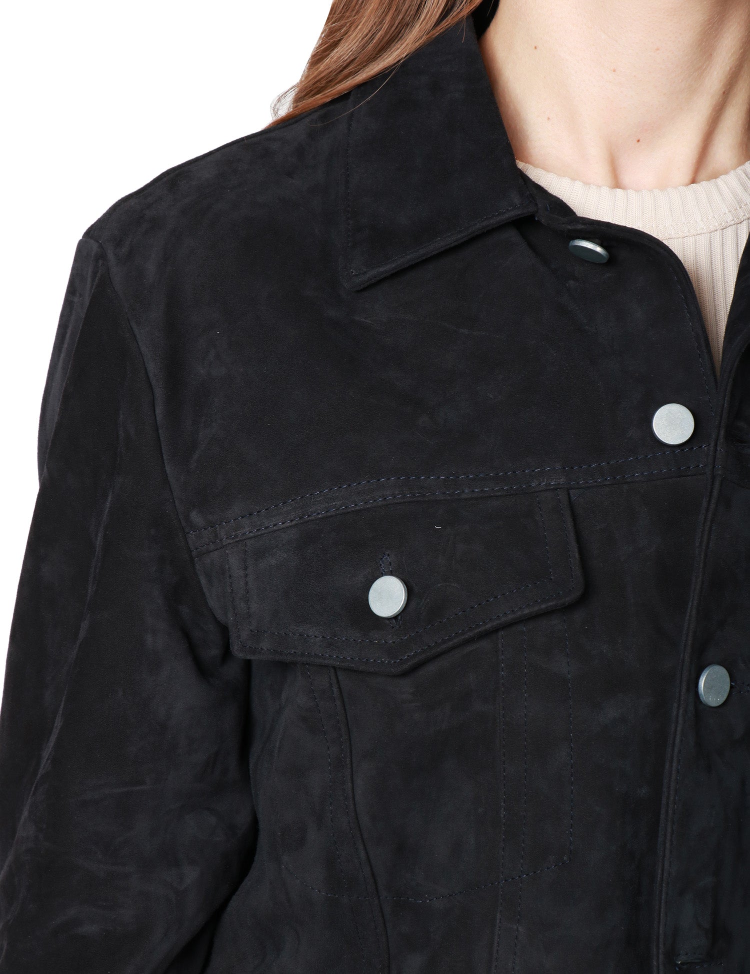 GIUBBOTTO DONNA BLUSOTTO NERO IN VERA PELLE SCAMOSCIATA CON COLLETTO E BOTTONI METALLICI