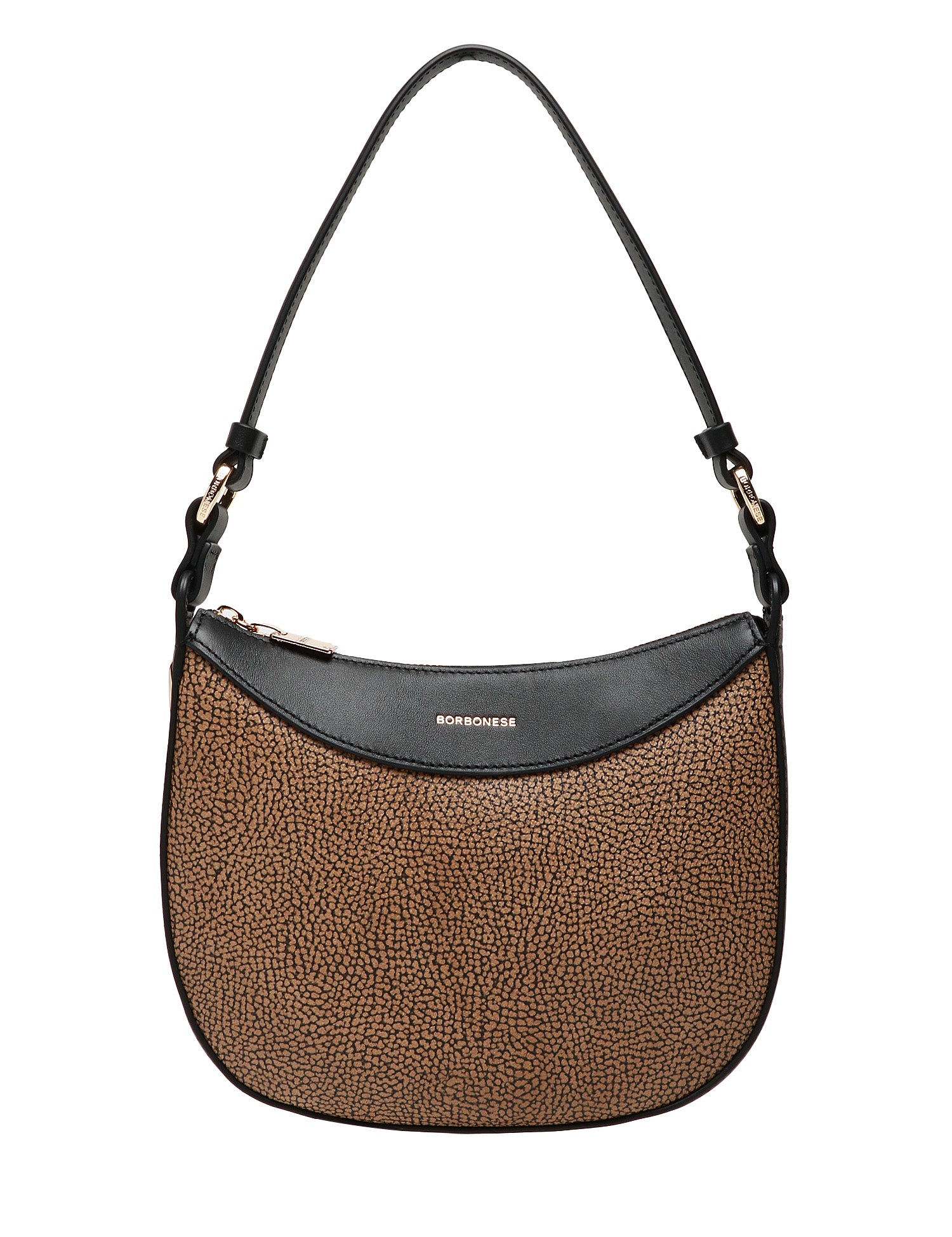 BORSA BORBONESE HOBO NATURALE/NERO IN TESSUTO RICICLATO E DETTAGLI IN PELLE