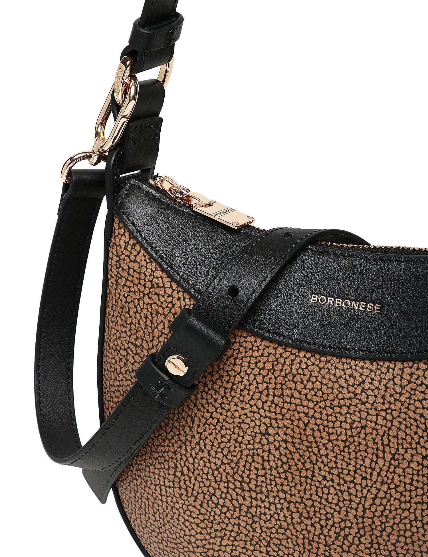 BORSA BORBONESE HOBO NATURALE/NERO IN TESSUTO RICICLATO E DETTAGLI IN PELLE
