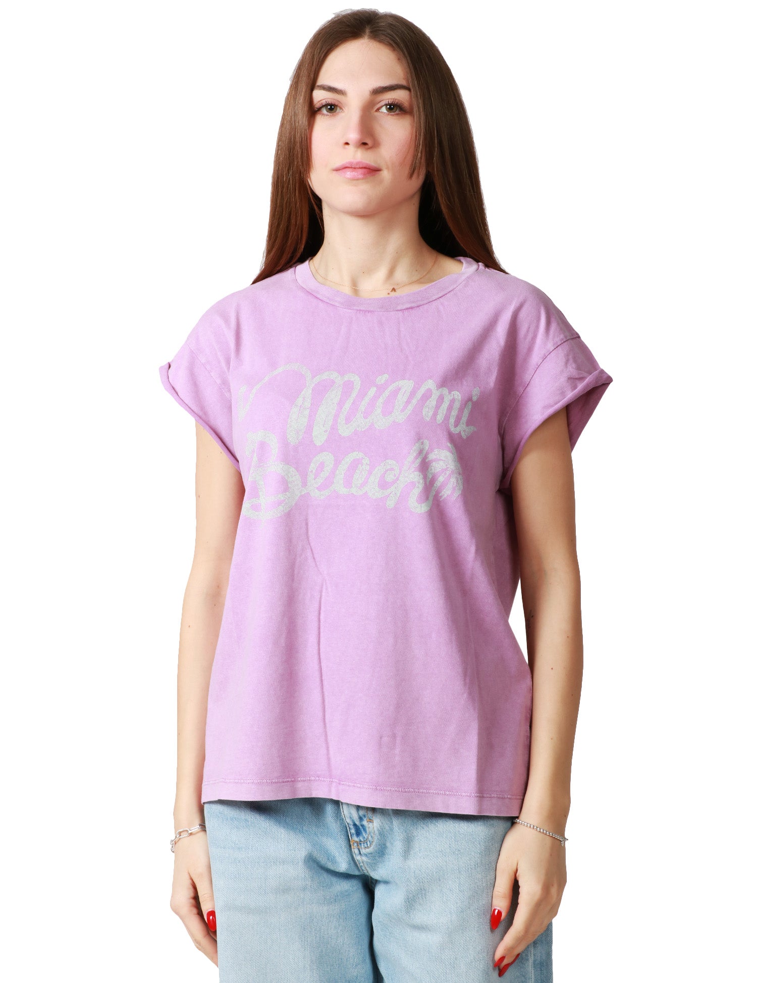 T-SHIRT DONNA BOWERY GIROMANICA CON SCRITTA "MIAMI BEACH" 100% COTONE
