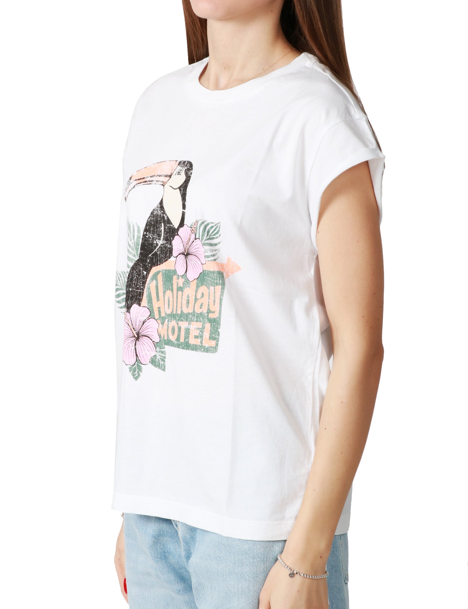 T-SHIRT DONNA BOWERY BIANCA CON STAMPA TUCANO 100% COTONE
