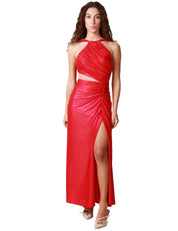ABITO CARLA RUIZ ROSSO IN POLIESTERE LUREX CON DRAPPEGGIO E SPACCO