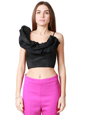 TOP CROP DONNA CARLA RUIZ NERO IN TAFTà CON ROUCHES SULLO SCOLLO E SULLA SPALLINA DESTRA