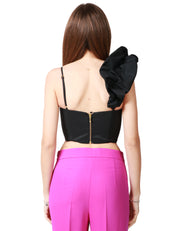 TOP CROP DONNA CARLA RUIZ NERO IN TAFTà CON ROUCHES SULLO SCOLLO E SULLA SPALLINA DESTRA