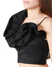 TOP CROP DONNA CARLA RUIZ NERO IN TAFTà CON ROUCHES SULLO SCOLLO E SULLA SPALLINA DESTRA