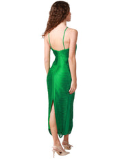 ABITO MIDI DONNA CARLA RUIZ VERDE ALLACCIATO AL COLLO CON FRANGE CUCITE E SPACCO POSTERIORE